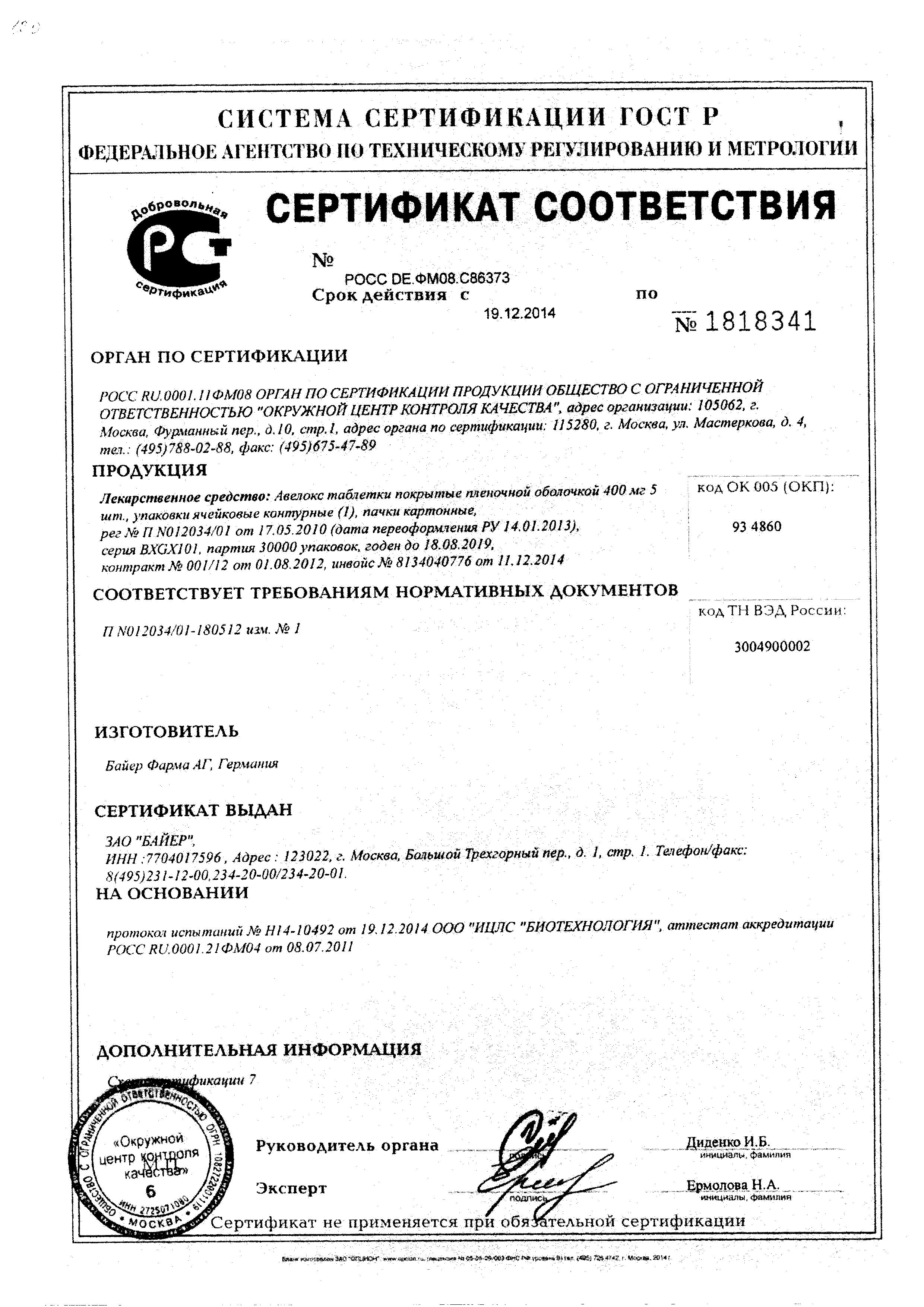 Сертификат на Авелокс, таблетки покрыт. плен. об. 400 мг, 5 шт.