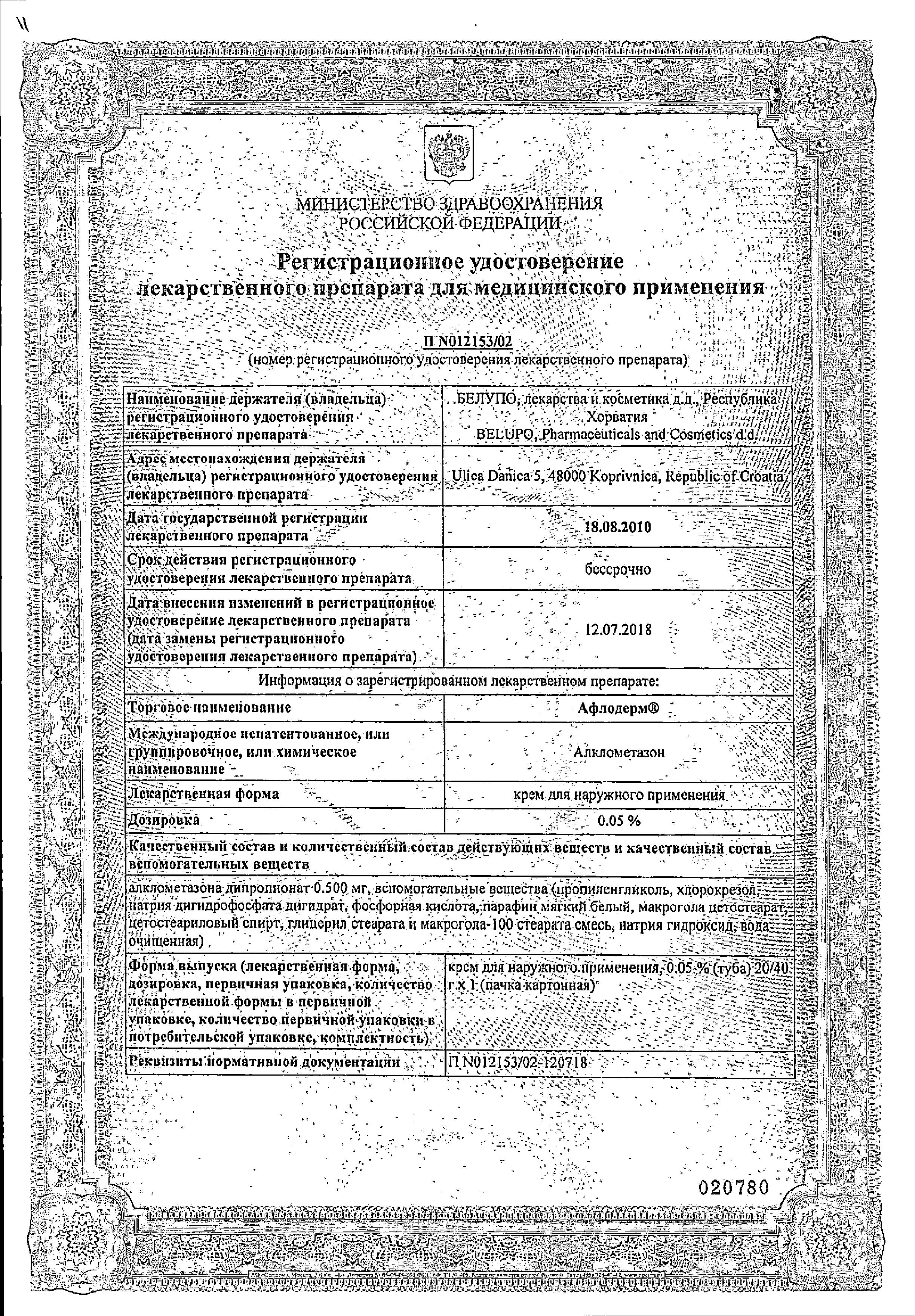 Сертификат на Афлодерм, крем 0.05%, 20 г