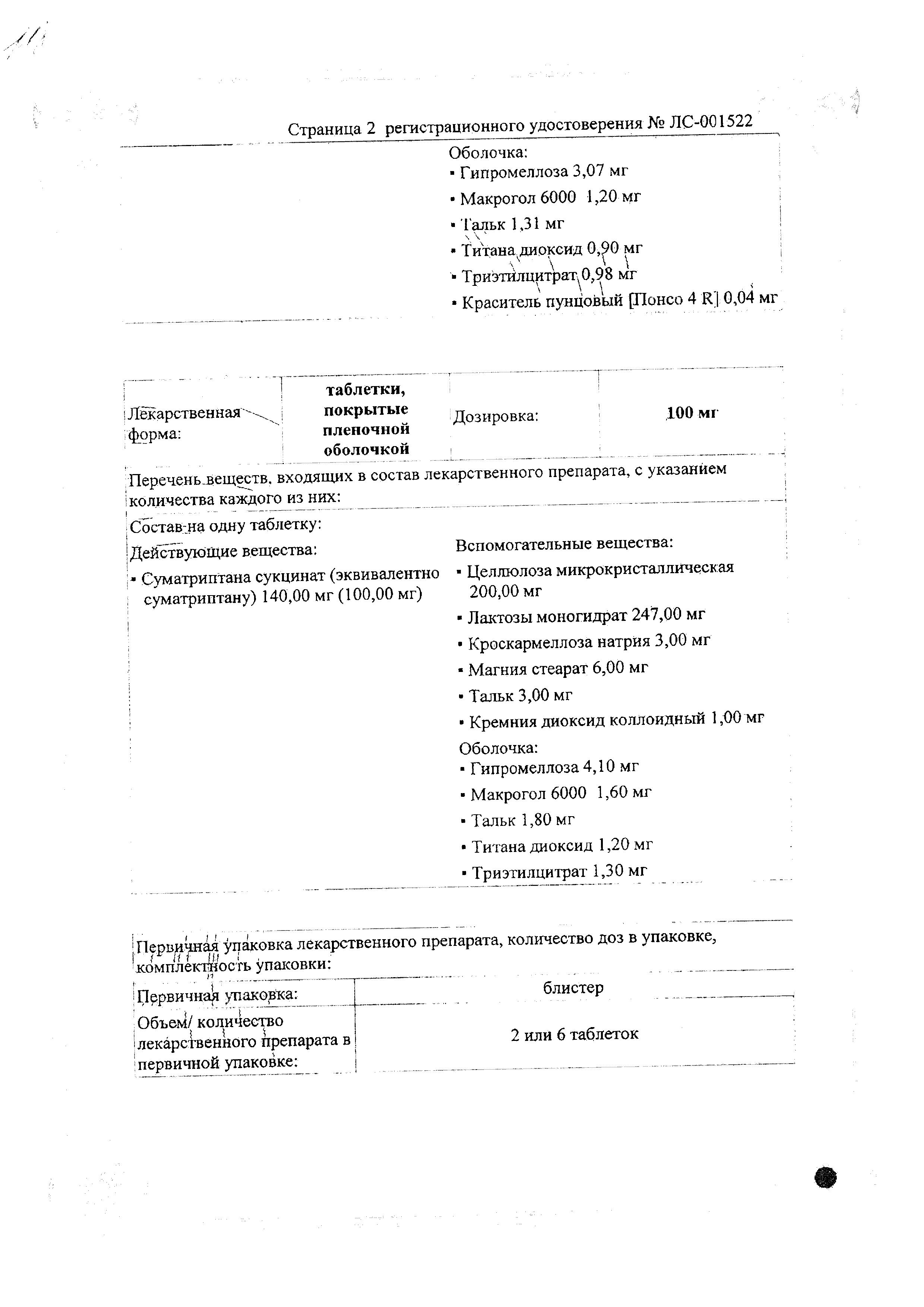 Сертификат на Сумамигрен, таблетки покрыт. плен. об. 100 мг, 2 шт.