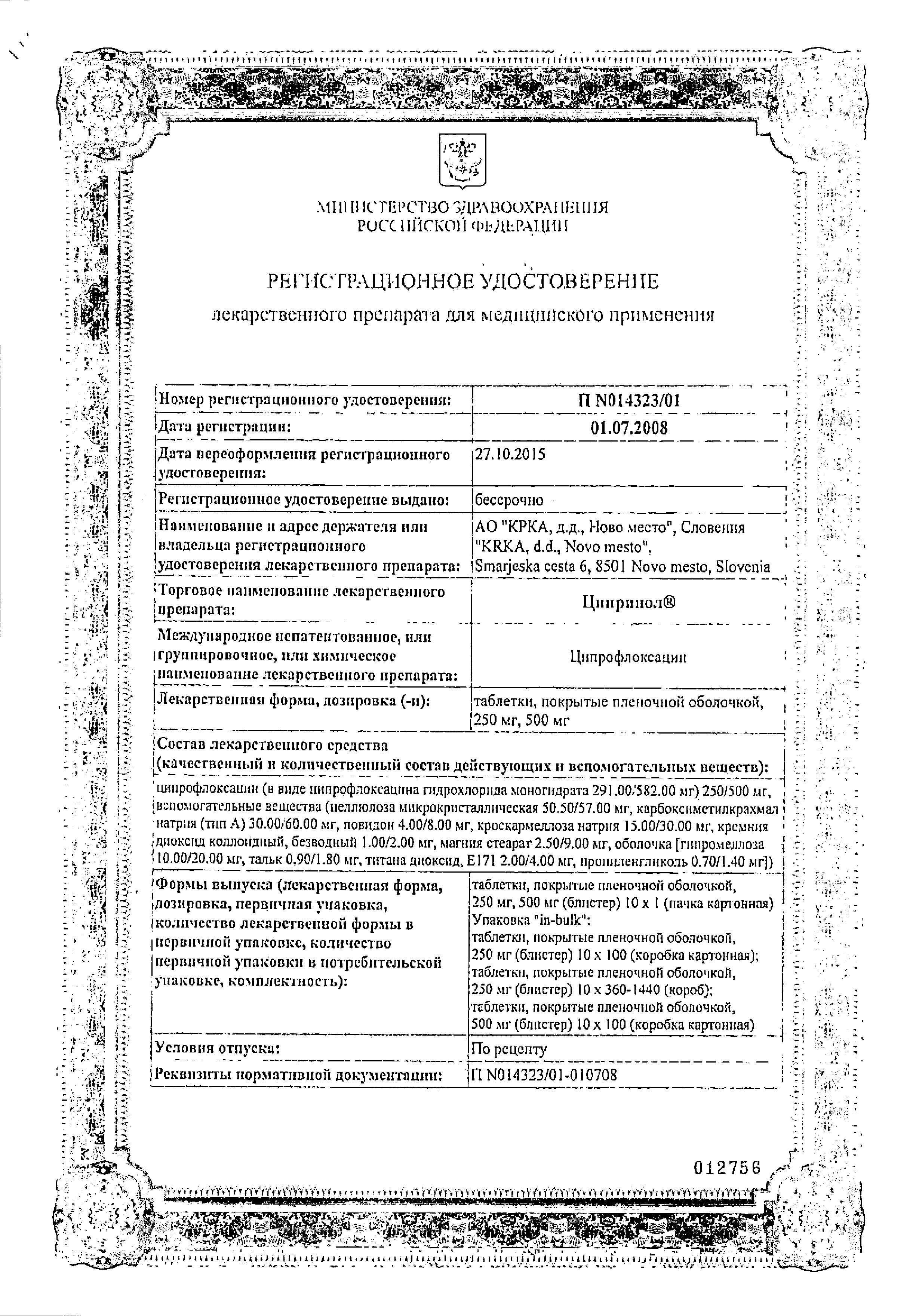 Сертификат на Ципринол, таблетки покрыт. плен. об. 250 мг, 10 шт.