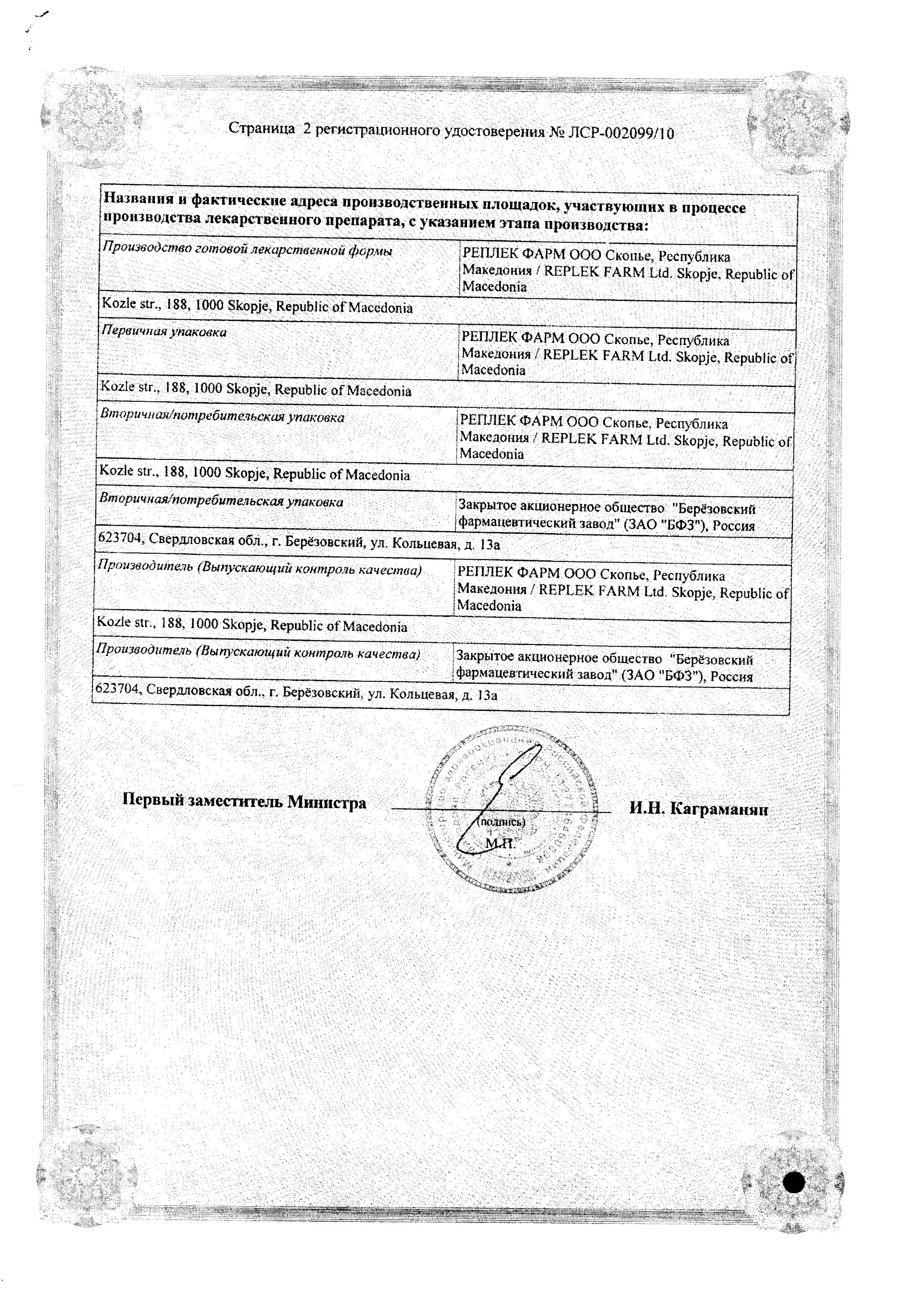 Сертификат на Азитромицин, таблетки покрыт. плен. об. 500 мг (Реплекфарм), 3 шт.