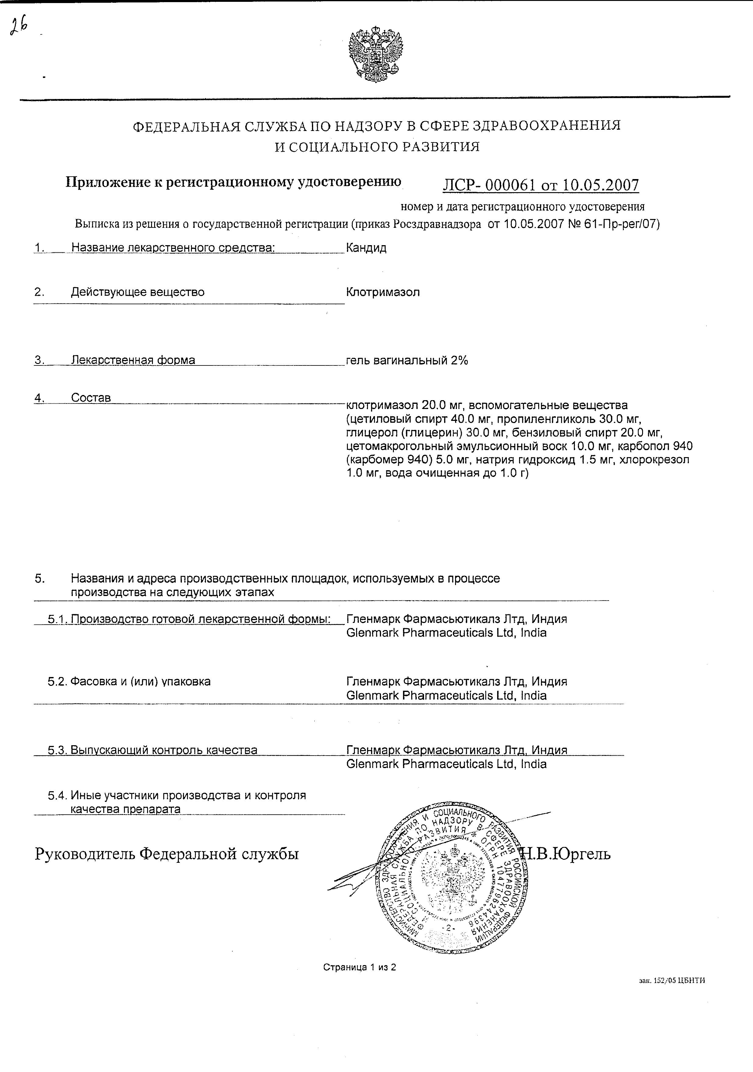 Сертификат на Кандид, гель вагинальный 2%, 30 г