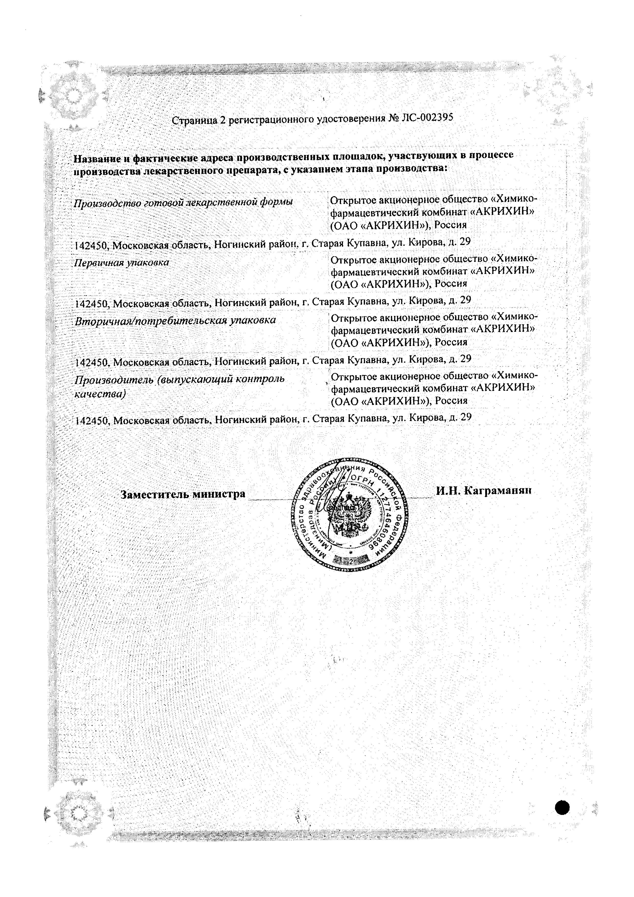 Сертификат на Диклофенак-Акрихин, гель 1%, 40 г