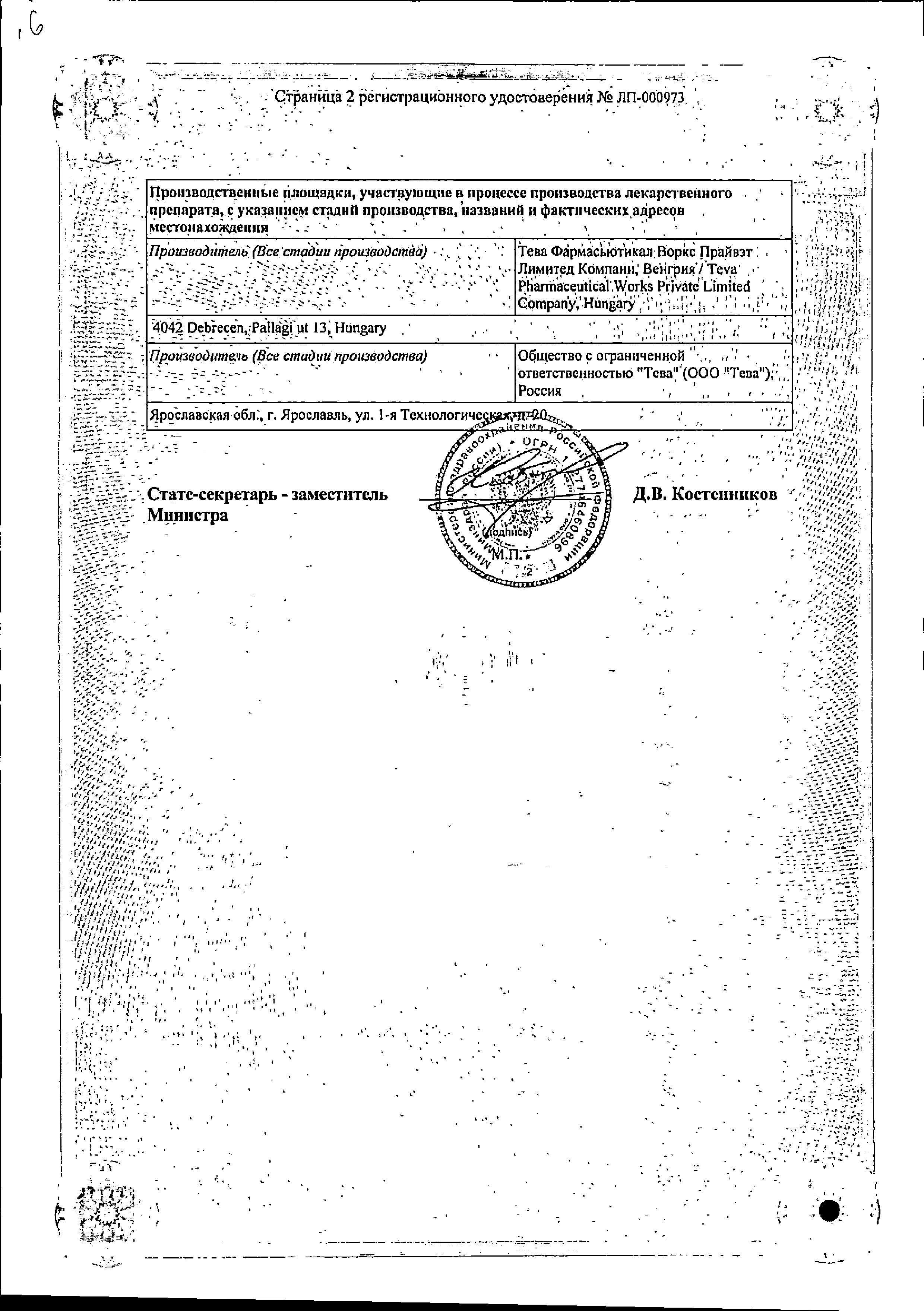 Сертификат на Лизиноприл-Тева, таблетки 10 мг, 20 шт.