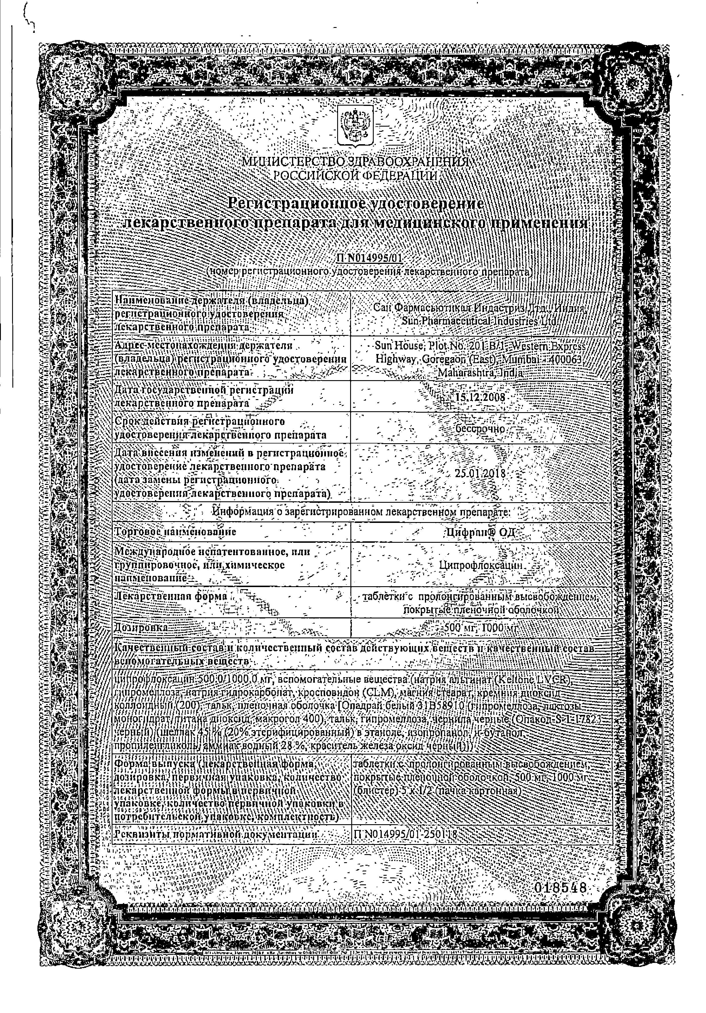 Сертификат на Цифран ОД табл пролонг п/о плен 500 мг х10