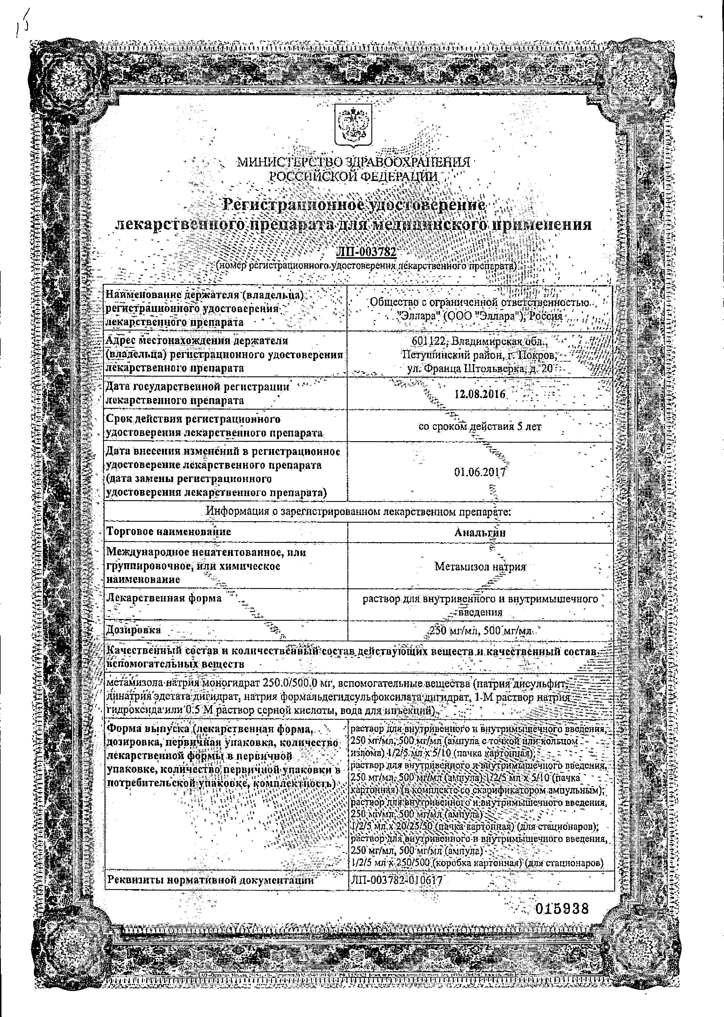 Сертификат Анальгин