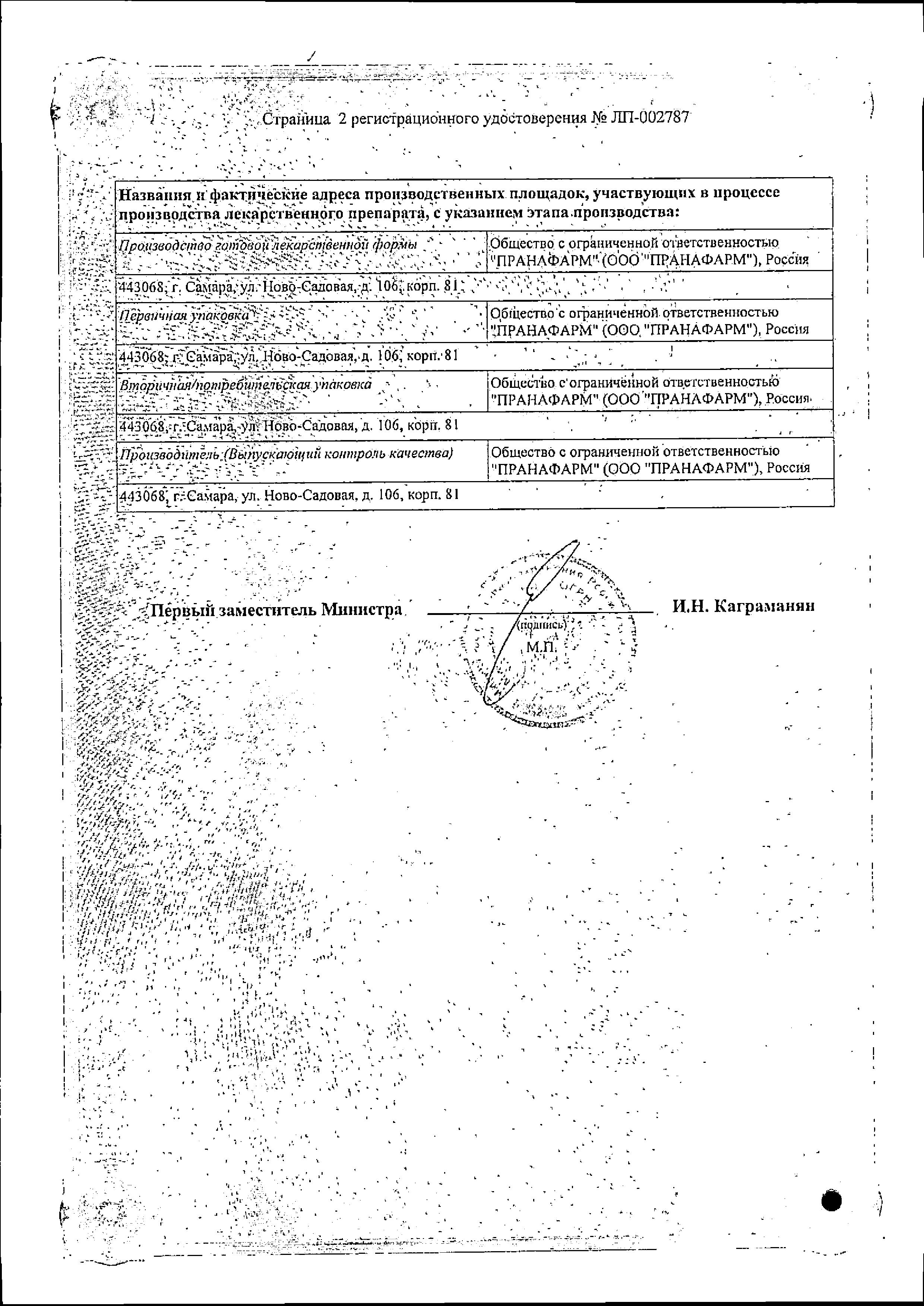 Сертификат на Карведилол, таблетки 12.5 мг (Пранафарм), 30 шт.