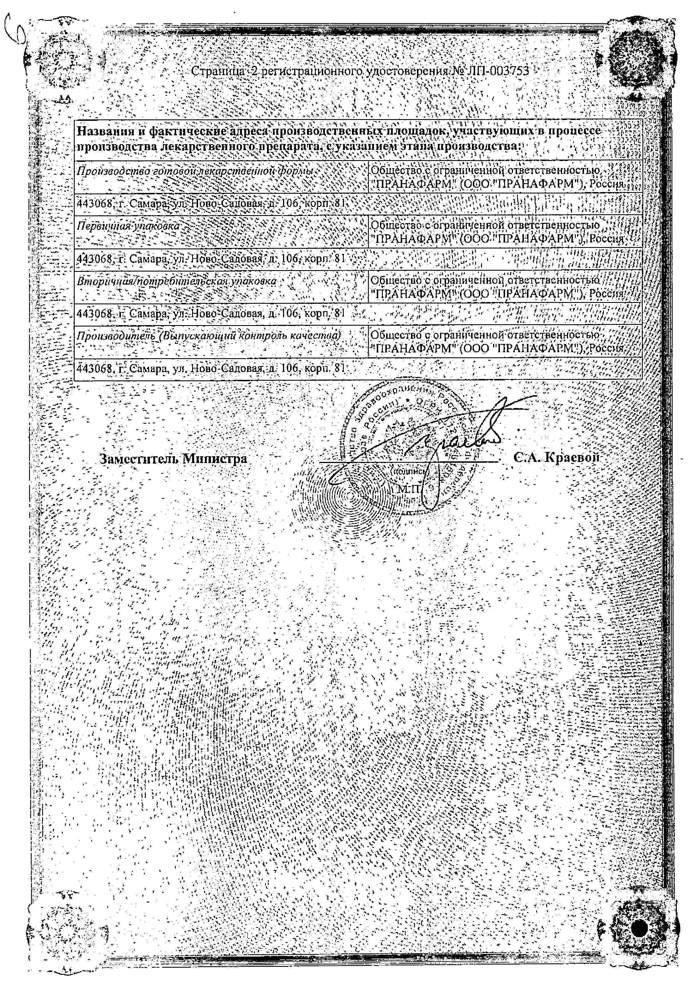 Сертификат на Лизиноприл, таблетки 10 мг (Пранафарм), 20 шт.
