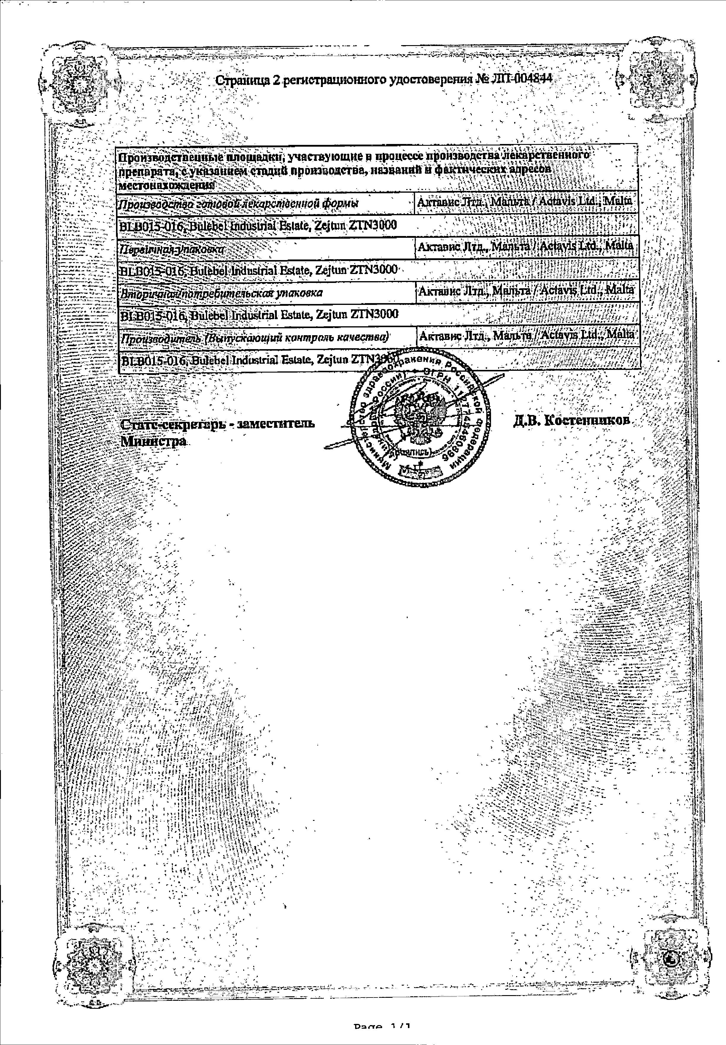 Сертификат на Рамазид Н, таблетки 12.5 мг+5 мг, 30 шт.