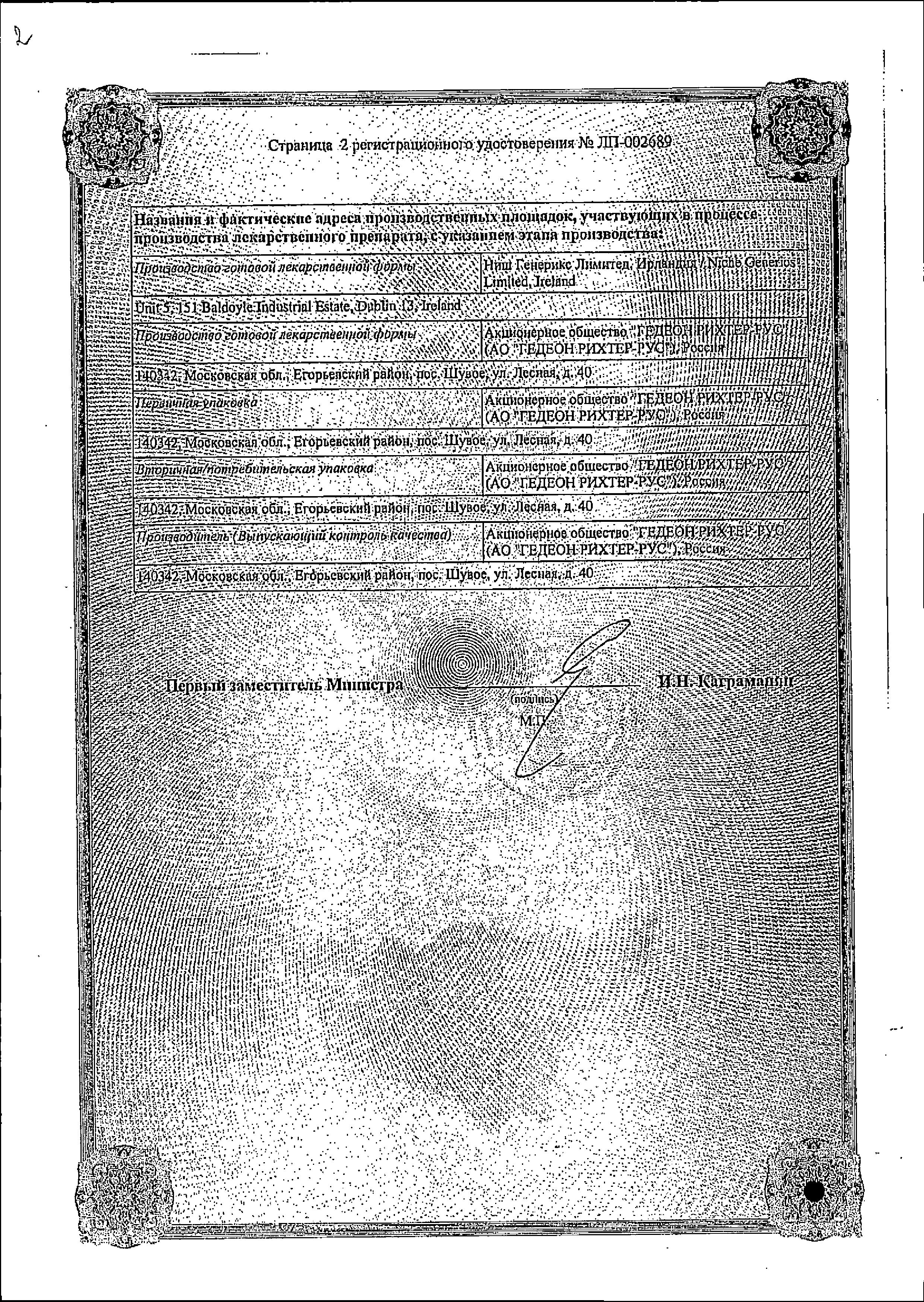 Сертификат на Бидоп Кор, таблетки 2.5 мг, 28 шт.