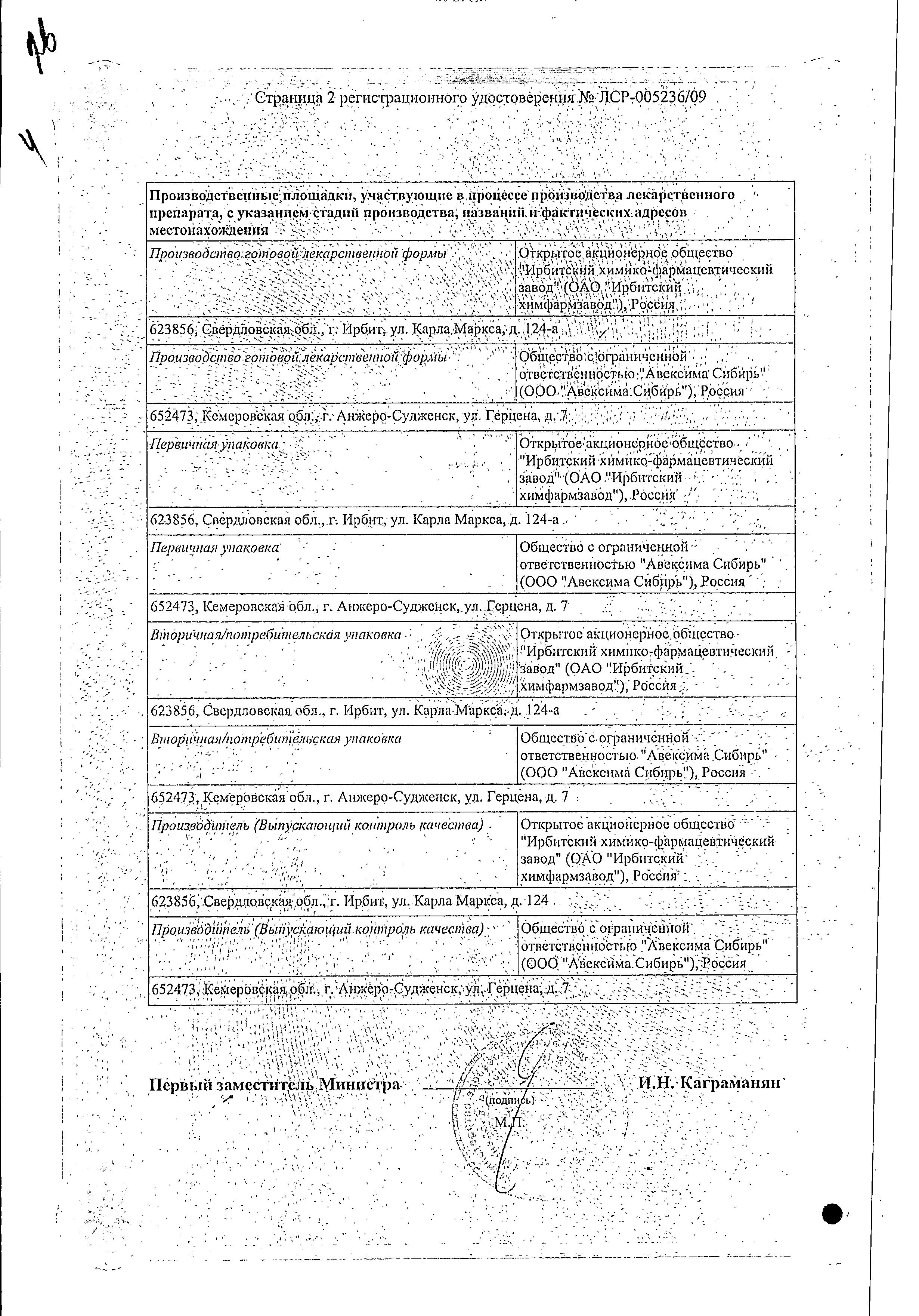 Сертификат на Цитрамон П, таблетки (Авексима Сибирь), 20 шт.