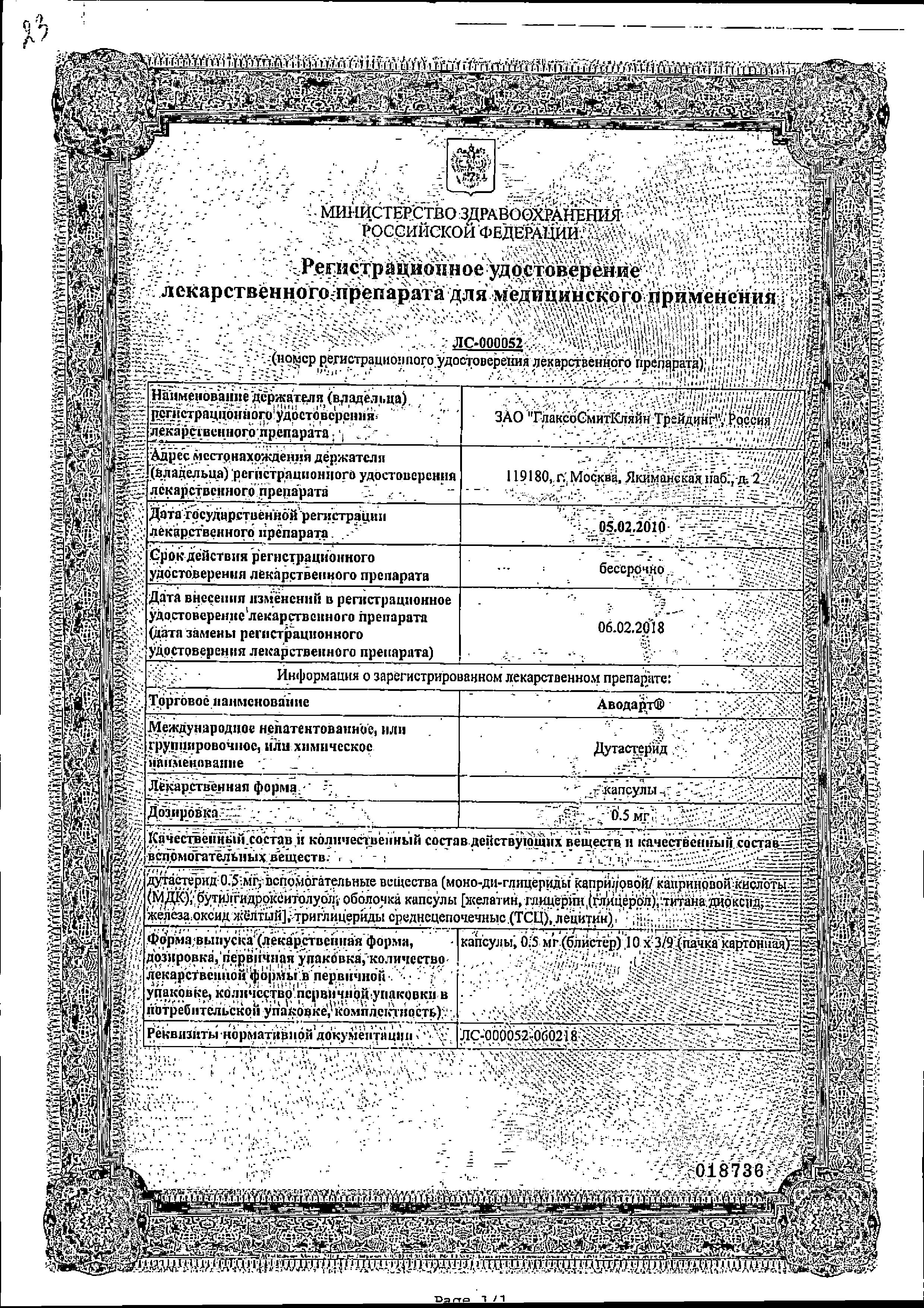 Сертификат Аводарт