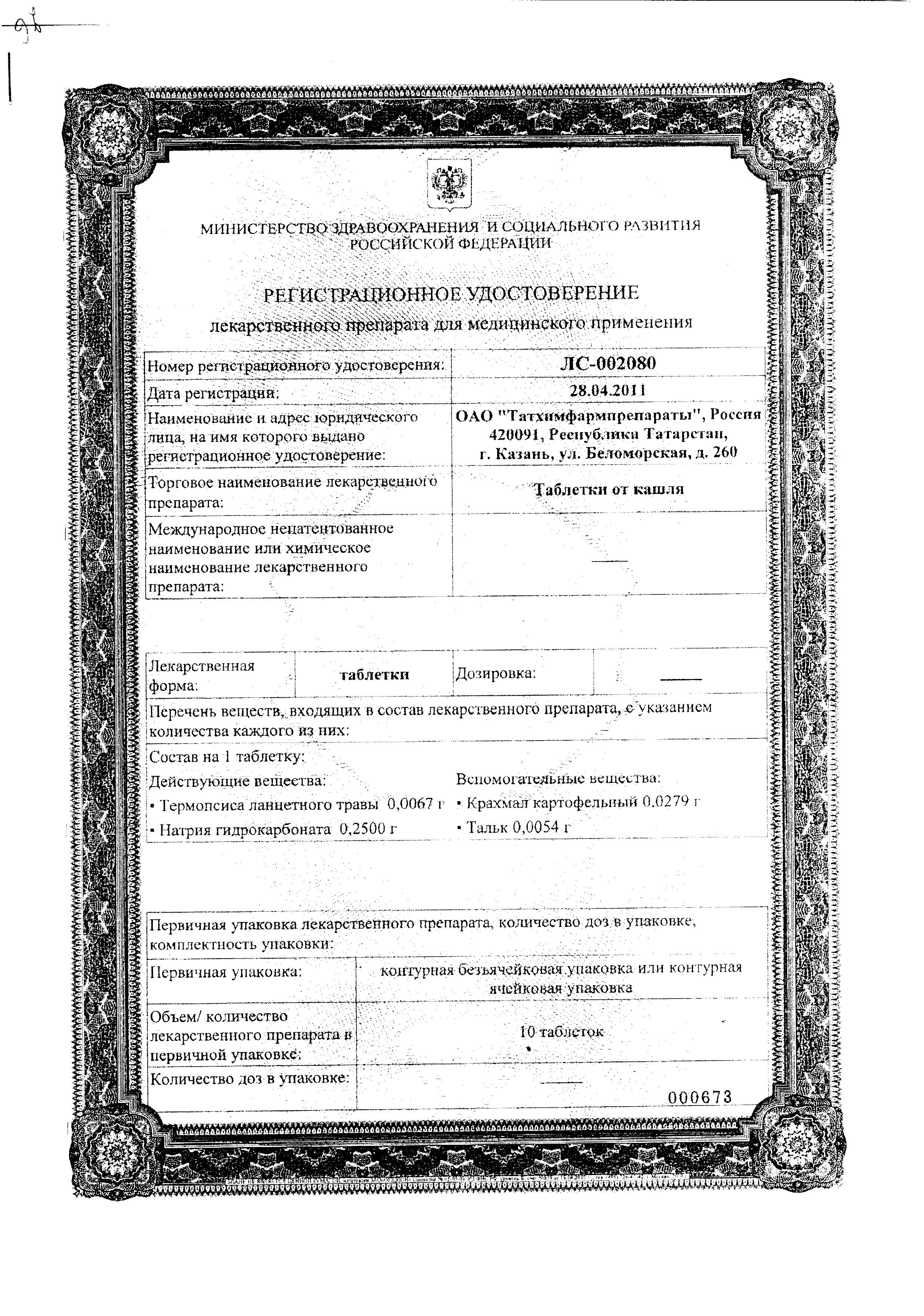 Сертификат Таблетки от кашля