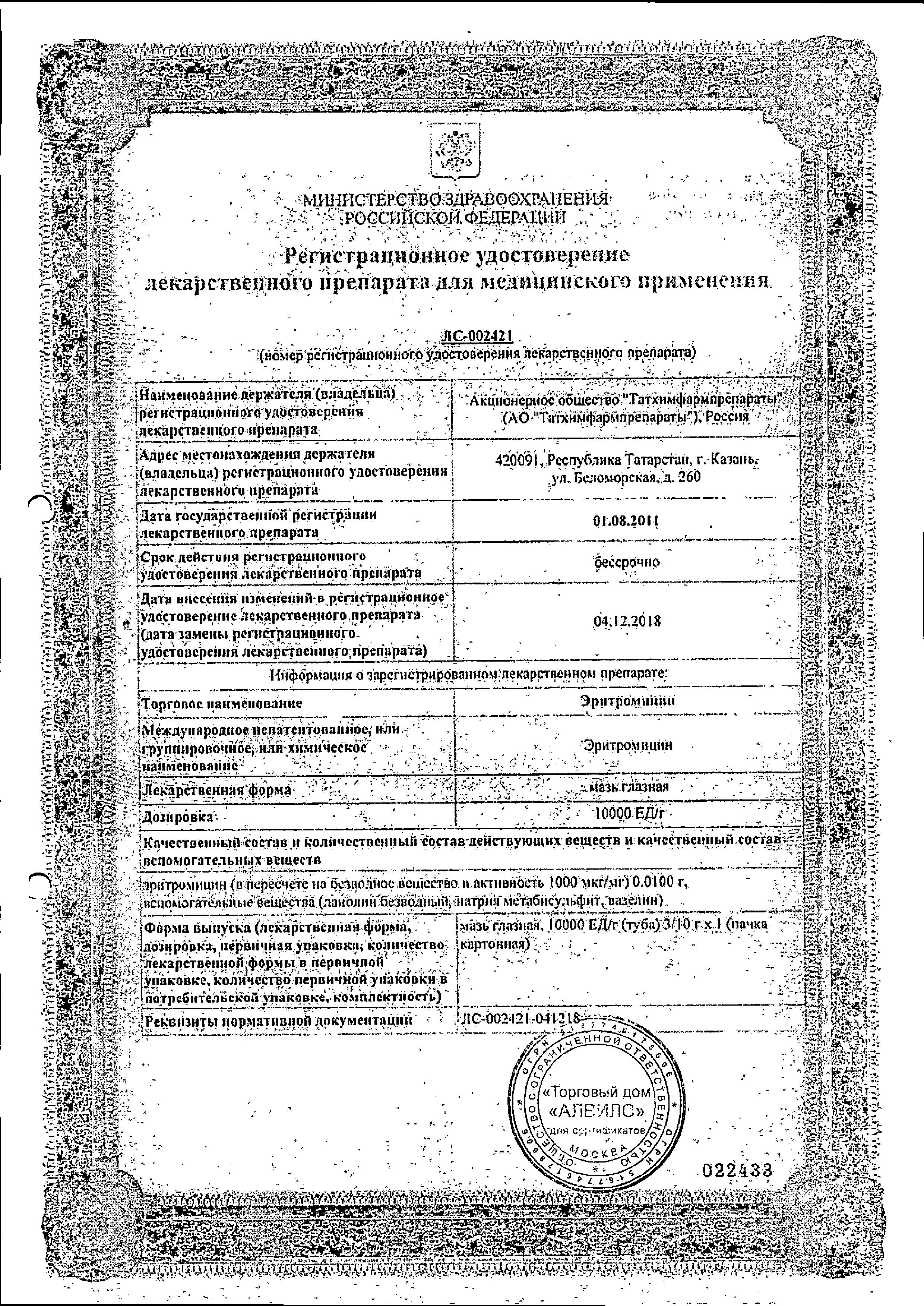 Сертификат Эритромицин